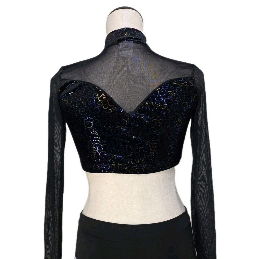 Body Wrappers VTG Mesh Velvet LS Mock Neck Dance Midriff Rainbow Bling Top AM, M - Picture 6 of 16